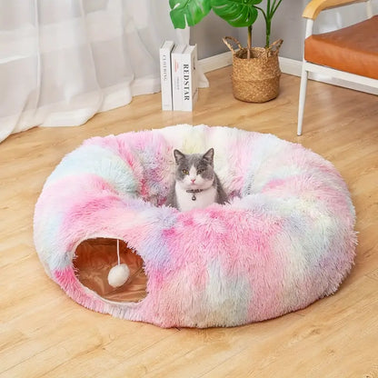 Nid de tunnel en peluche douillet pour chat avec jouet balle suspendu